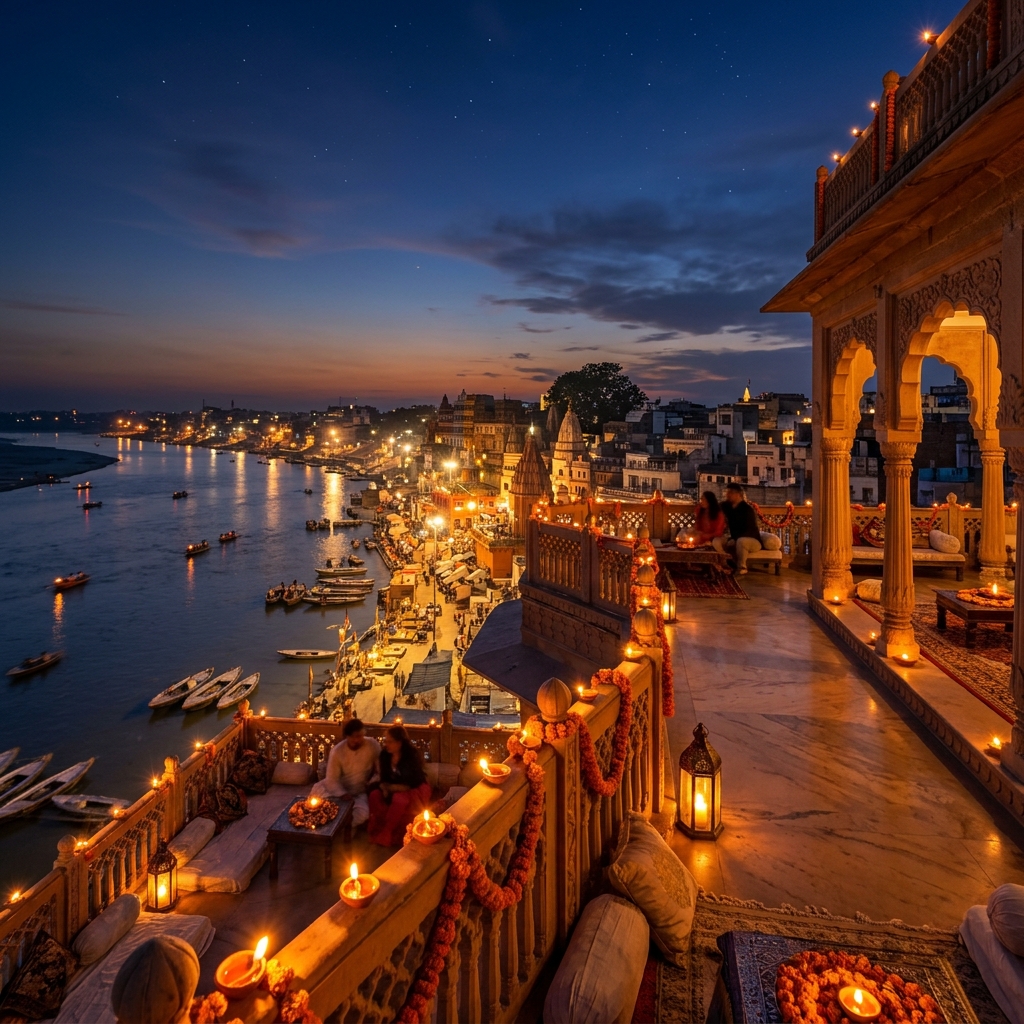 Rooftop terrace views of the Ganga river